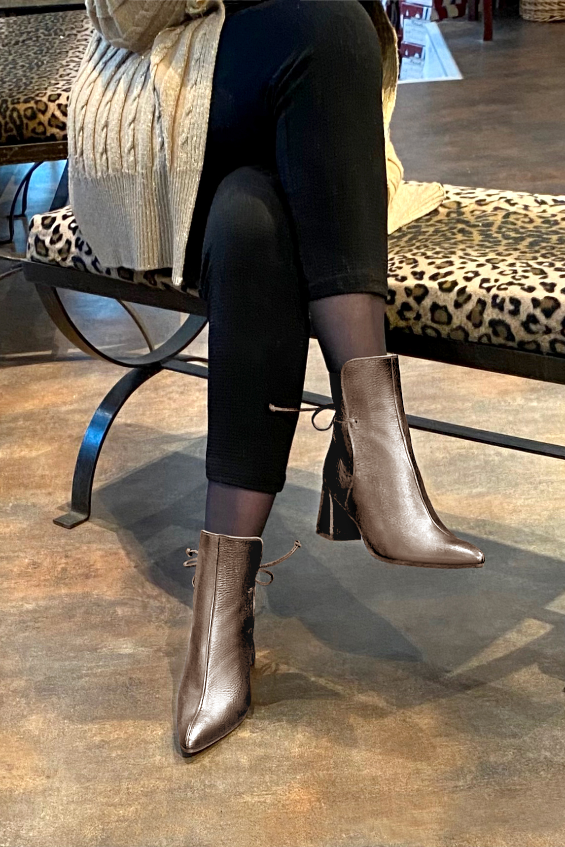 Bronze beige women's ankle boots with laces at the back. Tapered toe. Medium flare heels. Worn view - Florence KOOIJMAN